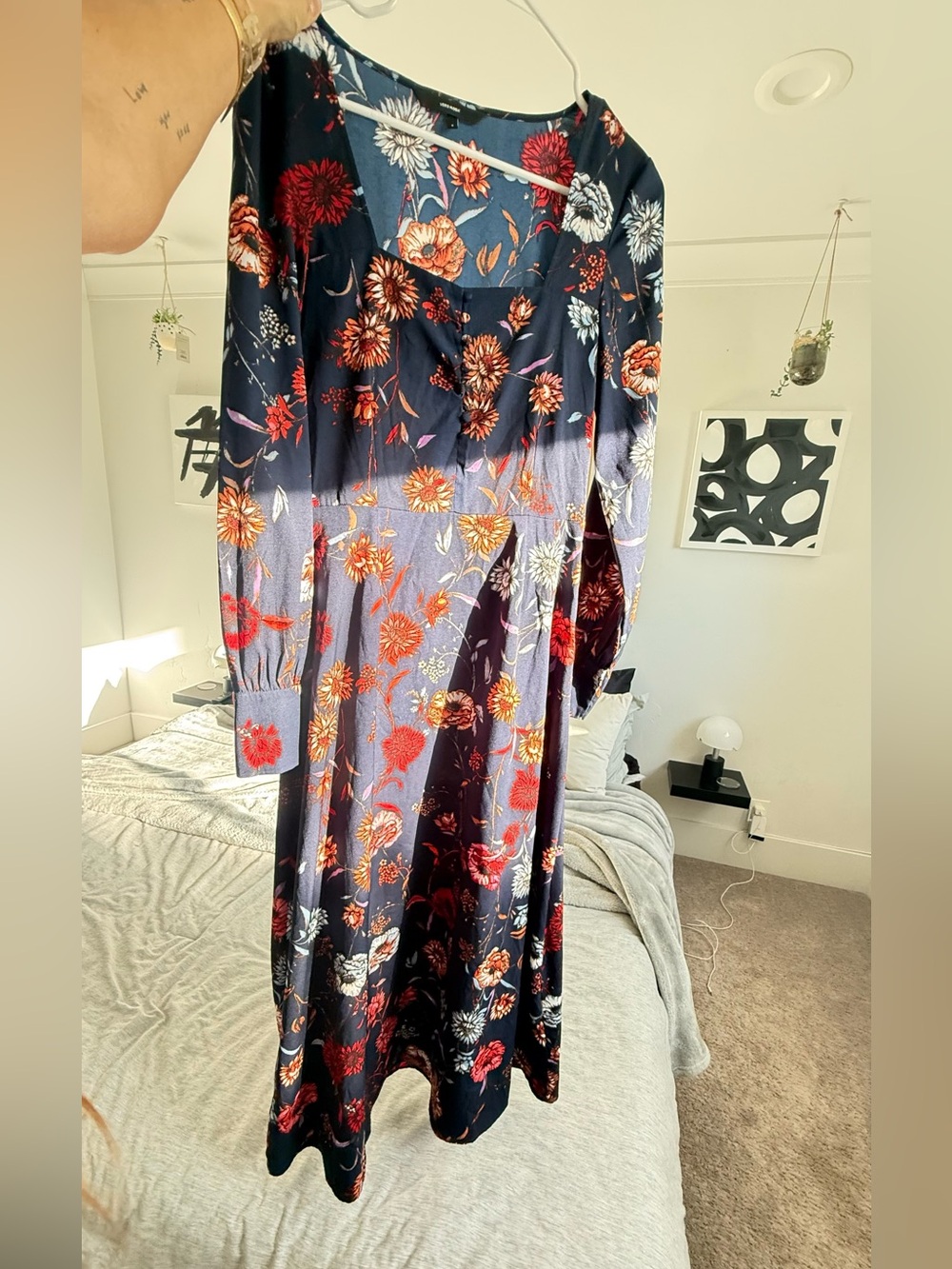 Navy Floral Long Sleeve Midi Dress - Red & Orange Blooms